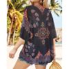 imageWomens Floral Print Puff Sleeve Kimono Cardigan Loose Cover Up Casual Blouse TopsOrange Black