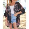 imageWomens Floral Print Puff Sleeve Kimono Cardigan Loose Cover Up Casual Blouse TopsOrange Black