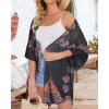 imageWomens Floral Print Puff Sleeve Kimono Cardigan Loose Cover Up Casual Blouse TopsOrange Black