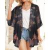 imageWomens Floral Print Puff Sleeve Kimono Cardigan Loose Cover Up Casual Blouse TopsOrange Black