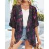 imageWomens Floral Print Puff Sleeve Kimono Cardigan Loose Cover Up Casual Blouse TopsRose Red Flower