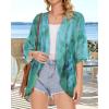 imageWomens Floral Print Puff Sleeve Kimono Cardigan Loose Cover Up Casual Blouse TopsTeal Blue Print
