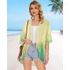 imageWomens Floral Print Puff Sleeve Kimono Cardigan Loose Cover Up Casual Blouse TopsYellow Green Tiedye
