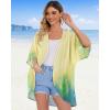 imageWomens Floral Print Puff Sleeve Kimono Cardigan Loose Cover Up Casual Blouse TopsYellow Green Tiedye