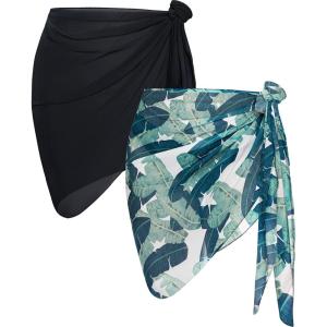 image2 Pieces Swimsuit Cover Ups for Women Sarong Beach Wrap Bathing Suit Sheer Short Skirt Bikini Chiffon Scarf for SwimwearBlack and Green Banana Leafprinted