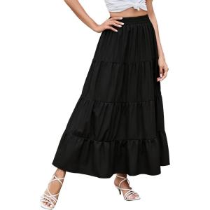 imageBerydress Long Skirts for Women Trendy Elastic Waist Flowy Summer Ankle Length Boho Flared A Line Tiered Maxi SkirtBlack