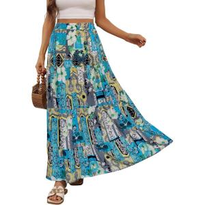 imageBerydress Long Skirts for Women Trendy Elastic Waist Flowy Summer Ankle Length Boho Flared A Line Tiered Maxi SkirtBlue Floral