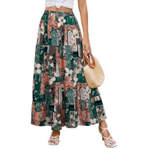 imageBerydress Long Skirts for Women Trendy Elastic Waist Flowy Summer Ankle Length Boho Flared A Line Tiered Maxi SkirtDark Green Floral