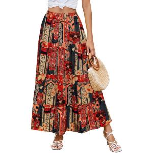 imageBerydress Long Skirts for Women Trendy Elastic Waist Flowy Summer Ankle Length Boho Flared A Line Tiered Maxi SkirtOrange Floral