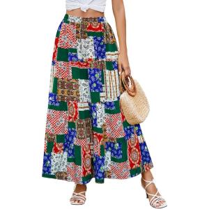 imageBerydress Long Skirts for Women Trendy Elastic Waist Flowy Summer Ankle Length Boho Flared A Line Tiered Maxi SkirtPatchwork