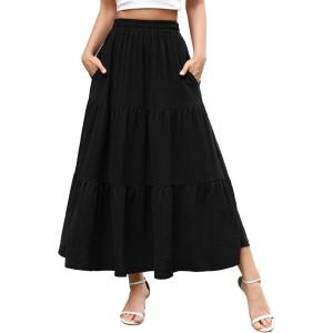 imageBerydress Long Skirts for Women with Pockets Trendy Elastic High Waist Flowy Swing A Line Ruffle Tiered Maxi SkirtBlack