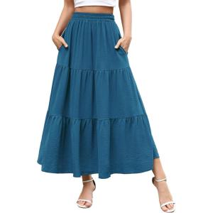 imageBerydress Long Skirts for Women with Pockets Trendy Elastic High Waist Flowy Swing A Line Ruffle Tiered Maxi SkirtBlue