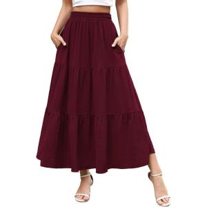 imageBerydress Long Skirts for Women with Pockets Trendy Elastic High Waist Flowy Swing A Line Ruffle Tiered Maxi SkirtBurgundy