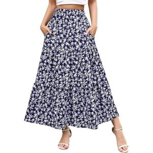 imageBerydress Long Skirts for Women with Pockets Trendy Elastic High Waist Flowy Swing A Line Ruffle Tiered Maxi SkirtNavy Floral