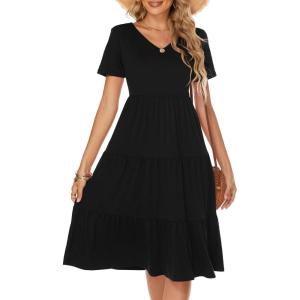 imageBerydress Womens Casual Summer Tiered Midi Dress 2025 Short Sleeve VNeck Loose Cotton Ruffle Babydoll Dress Boho SundressBlack