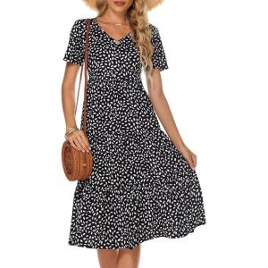 imageBerydress Womens Casual Summer Tiered Midi Dress 2025 Short Sleeve VNeck Loose Cotton Ruffle Babydoll Dress Boho SundressBlack Floral