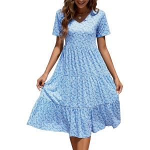 imageBerydress Womens Casual Summer Tiered Midi Dress 2025 Short Sleeve VNeck Loose Cotton Ruffle Babydoll Dress Boho SundressBlue Daisy