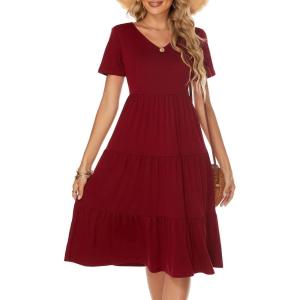 imageBerydress Womens Casual Summer Tiered Midi Dress 2025 Short Sleeve VNeck Loose Cotton Ruffle Babydoll Dress Boho SundressBurgundy