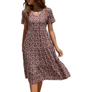 imageBerydress Womens Casual Summer Tiered Midi Dress 2025 Short Sleeve VNeck Loose Cotton Ruffle Babydoll Dress Boho SundressBurgundy Floral