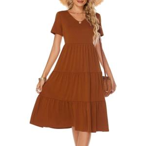 imageBerydress Womens Casual Summer Tiered Midi Dress 2025 Short Sleeve VNeck Loose Cotton Ruffle Babydoll Dress Boho SundressCaramel