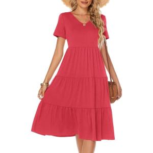 imageBerydress Womens Casual Summer Tiered Midi Dress 2025 Short Sleeve VNeck Loose Cotton Ruffle Babydoll Dress Boho SundressCoral