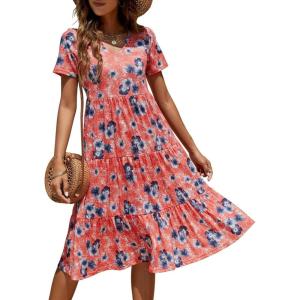 imageBerydress Womens Casual Summer Tiered Midi Dress 2025 Short Sleeve VNeck Loose Cotton Ruffle Babydoll Dress Boho SundressCoral Floral