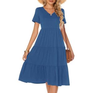 imageBerydress Womens Casual Summer Tiered Midi Dress 2025 Short Sleeve VNeck Loose Cotton Ruffle Babydoll Dress Boho SundressDark Blue