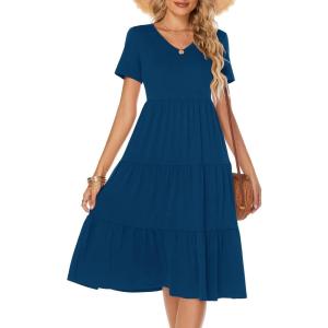 imageBerydress Womens Casual Summer Tiered Midi Dress 2025 Short Sleeve VNeck Loose Cotton Ruffle Babydoll Dress Boho SundressDeep Blue