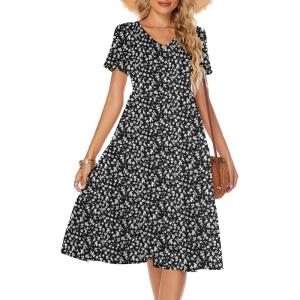 imageBerydress Womens Casual Summer Tiered Midi Dress 2025 Short Sleeve VNeck Loose Cotton Ruffle Babydoll Dress Boho SundressFloral Black