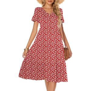imageBerydress Womens Casual Summer Tiered Midi Dress 2025 Short Sleeve VNeck Loose Cotton Ruffle Babydoll Dress Boho SundressRed Floral