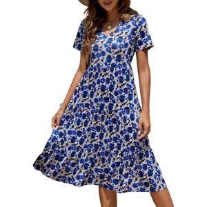 imageBerydress Womens Casual Summer Tiered Midi Dress 2025 Short Sleeve VNeck Loose Cotton Ruffle Babydoll Dress Boho SundressRoyal Blue Flowers