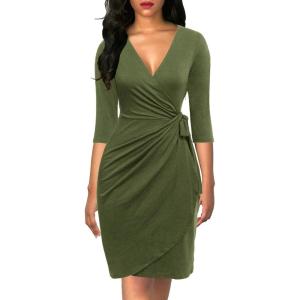 imageBerydress Womens Classic 34 Sleeve V Neck Sheath Casual Party Work Faux Black Wrap DressArmy Green
