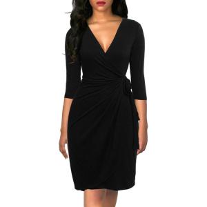 imageBerydress Womens Classic 34 Sleeve V Neck Sheath Casual Party Work Faux Black Wrap DressBlack