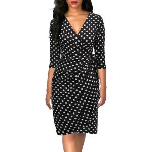 imageBerydress Womens Classic 34 Sleeve V Neck Sheath Casual Party Work Faux Black Wrap DressBlack Polka Dot