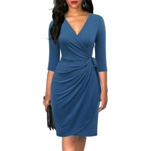imageBerydress Womens Classic 34 Sleeve V Neck Sheath Casual Party Work Faux Black Wrap DressDark Blue