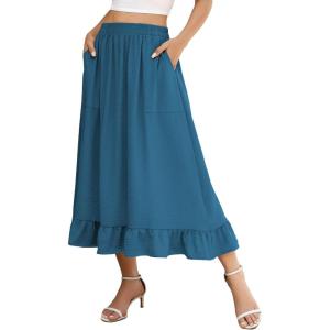 imageBerydress Womens Midi Skirts with Pockets Elastic High Waist Flowy Swing A Line Casual Tiered Ruffle SkirtBlue