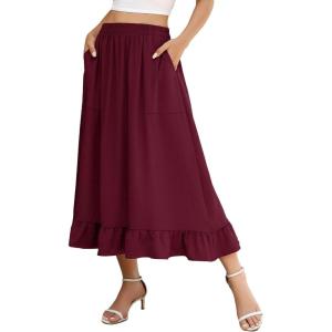 imageBerydress Womens Midi Skirts with Pockets Elastic High Waist Flowy Swing A Line Casual Tiered Ruffle SkirtBurgundy
