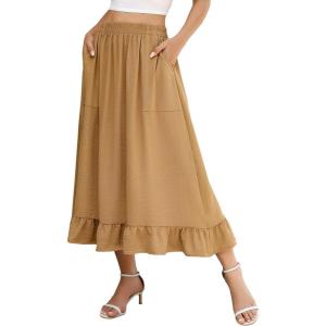 imageBerydress Womens Midi Skirts with Pockets Elastic High Waist Flowy Swing A Line Casual Tiered Ruffle SkirtKhaki