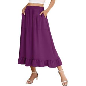 imageBerydress Womens Midi Skirts with Pockets Elastic High Waist Flowy Swing A Line Casual Tiered Ruffle SkirtPurple