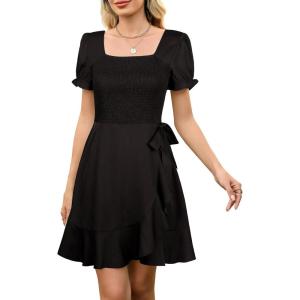 imageBerydress Womens Smocked Wrap Dress 2025 Square Neck Short Sleeve Sundress Summer Floral Ruffle Beach Mini DressesBlack