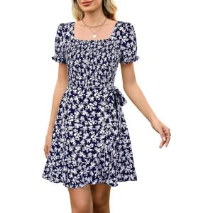 imageBerydress Womens Smocked Wrap Dress 2025 Square Neck Short Sleeve Sundress Summer Floral Ruffle Beach Mini DressesNavy Floral