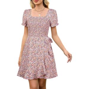 imageBerydress Womens Smocked Wrap Dress 2025 Square Neck Short Sleeve Sundress Summer Floral Ruffle Beach Mini DressesPink Floral