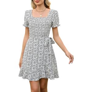 imageBerydress Womens Smocked Wrap Dress 2025 Square Neck Short Sleeve Sundress Summer Floral Ruffle Beach Mini DressesWhite Floral