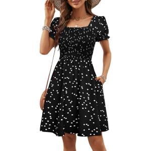 imageBerydress Womens Summer Dresses 2025 Pockets Short Sleeve Square Neck Flowy A Line Casual Boho Smocked Mini Sun DressBlack Dot