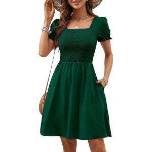 imageBerydress Womens Summer Dresses 2025 Pockets Short Sleeve Square Neck Flowy A Line Casual Boho Smocked Mini Sun DressDark Green