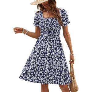 imageBerydress Womens Summer Dresses 2025 Pockets Short Sleeve Square Neck Flowy A Line Casual Boho Smocked Mini Sun DressNavy Flower