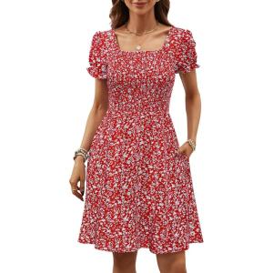 imageBerydress Womens Summer Dresses 2025 Pockets Short Sleeve Square Neck Flowy A Line Casual Boho Smocked Mini Sun DressRed Floral