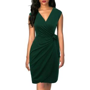 imageBerydress Womens Vintage VNeck Sheath Casual Party Work Faux Black Wrap DressDark Green