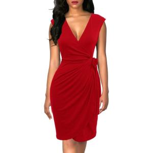 imageBerydress Womens Vintage VNeck Sheath Casual Party Work Faux Black Wrap DressRed