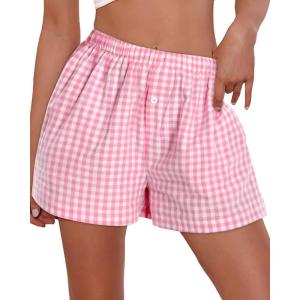 imageBoxer Shorts for Women Summer Gingham Pajama Casual Plaid Shorts Y2K Beach Bottoms with PocketA Pink
